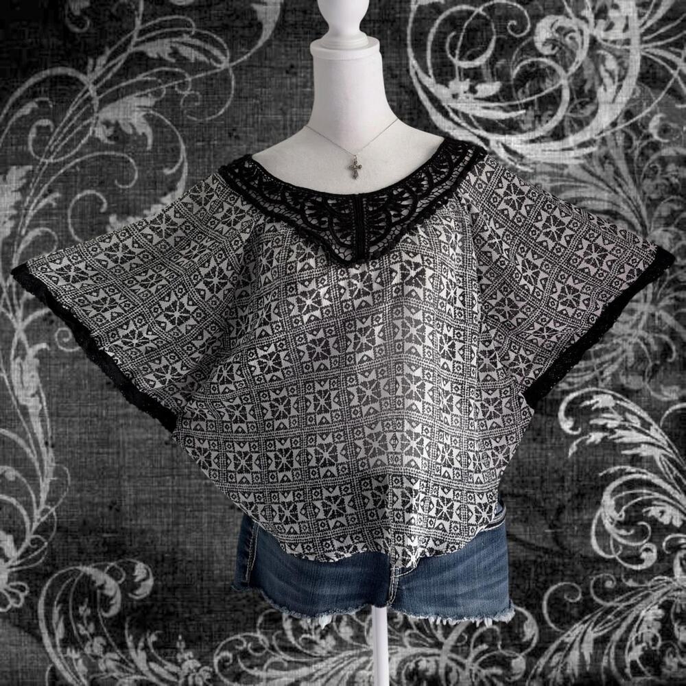 black and white geometric tapestry dolman batwing whimsigoth boho glam top